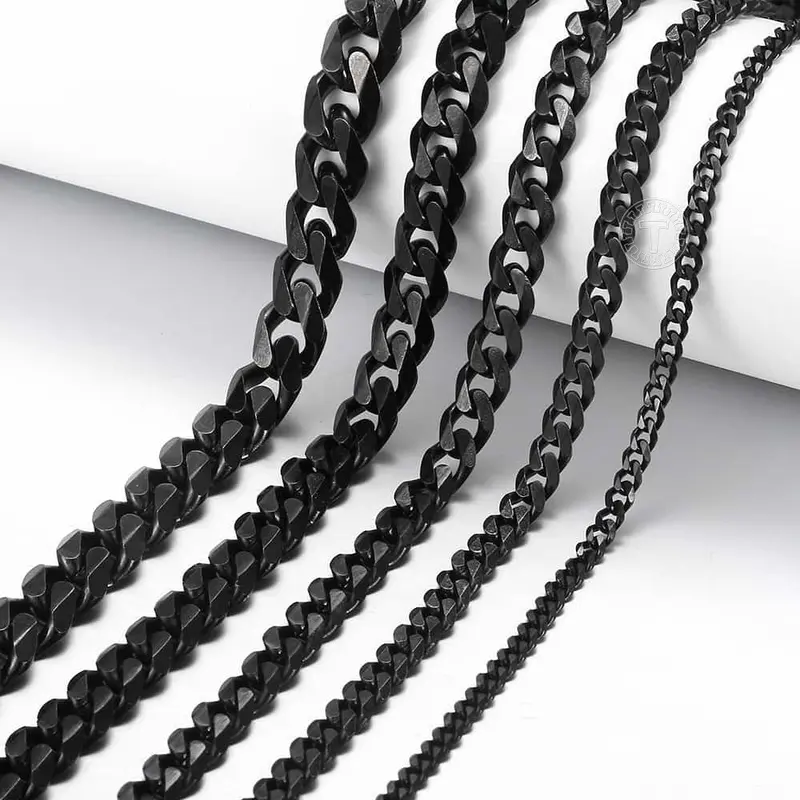 Hermah 3/5/7/9/11mm Mens Boys Black Tone Curb Cuban Necklace Stainless Steel Chain 18-30inch