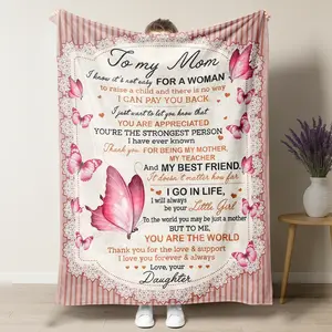 Daughter's "To My Mom You Are The World" Fleece Blanket, Pink Butterfly Cozy Throw with Heartfelt Appreciation Letter, Mothers Day Gifts Ideas, Summervibes Textiles Soft Furnishing, Mom Gifts