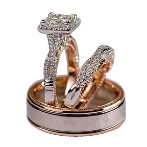 Luxury Princess Cut Cubic Zirconia Bridal Ring Set 14K Two Tone Gold Plated Engagement Wedding Ring Set for Women Vintage Halo CZ Wedding Band Stackable & Secure Bezel Setting