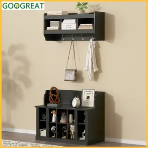 [GOOGREAT]Storage Cabinet, Shoe Cabinet ON-TREND Shoe Storage Bench With Shelves And 4 Hooks, Elegant Hall Tree With Wall Mounted Coat Rack, Entryway Organizer For Hallway, Foyer, Mudroom, Black