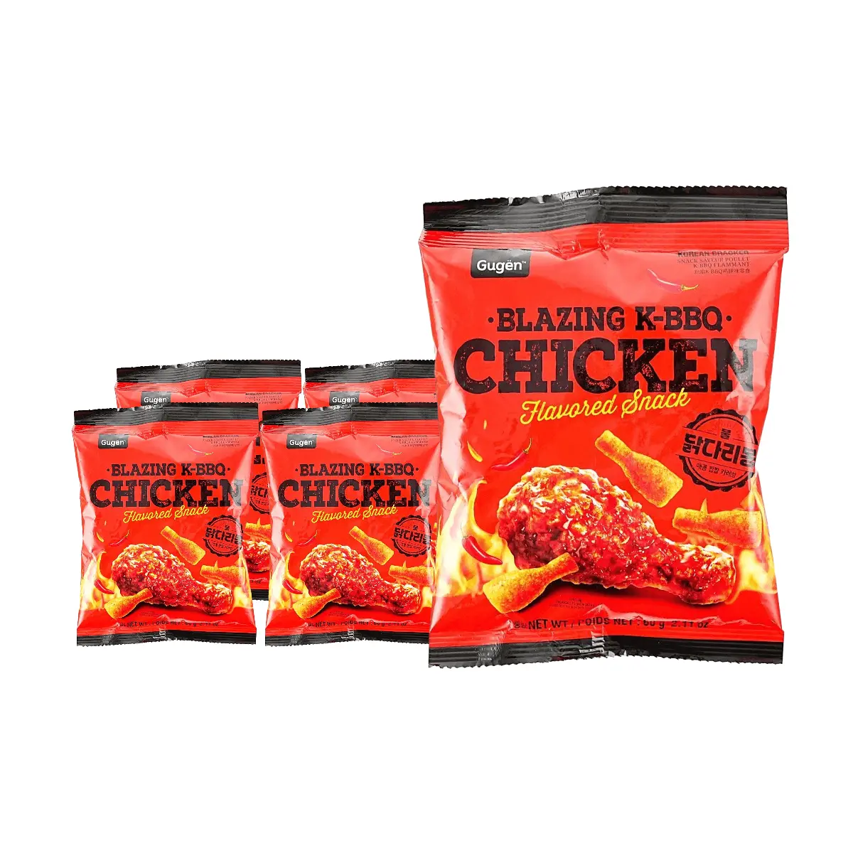 5 Pack GUGEN Blazing K-BBQ Chicken Snack 2.11 oz - Korean Snack Crispy Chips