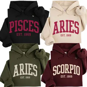 [Custom EST Year or Leave Blank] Full 12 Zodiac Minimalist Hoodie – Astrology Sign EST Year Sweatshirt for Men Women, Vintage College Style Unisex Pullover, Personalized Zodiac Birthday Gift