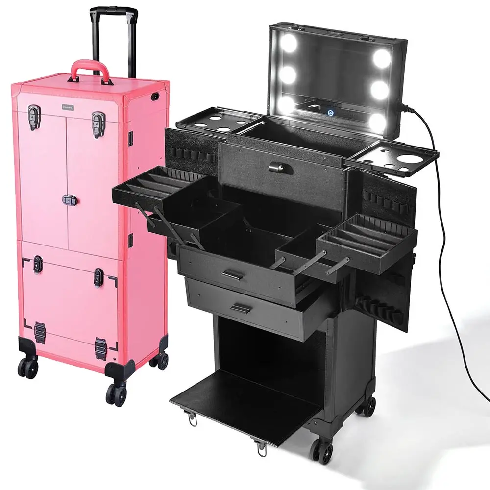 Byootique Professional Artist Rolling Makeup Case w/ Light & Mirror