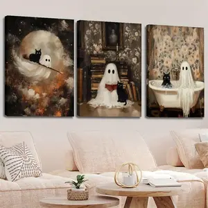 Halloween Wall Art Decor Set, 3-Piece Framed Spooky Ghost & Cat Prints, Canvas Artistic Vintage Style Home Decoration for Living Room Bedroom Bathroom
