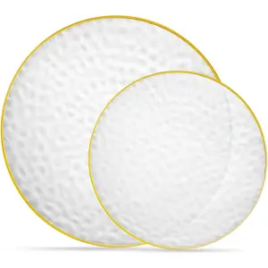 32 Piece Combo Plates Set includes 16-7'' inch Plates & 16-9'' inch Plate Clear Plastic Organic Hammered Design Party Dishes Gold Rim, Elegant, Tableware, Dishes,