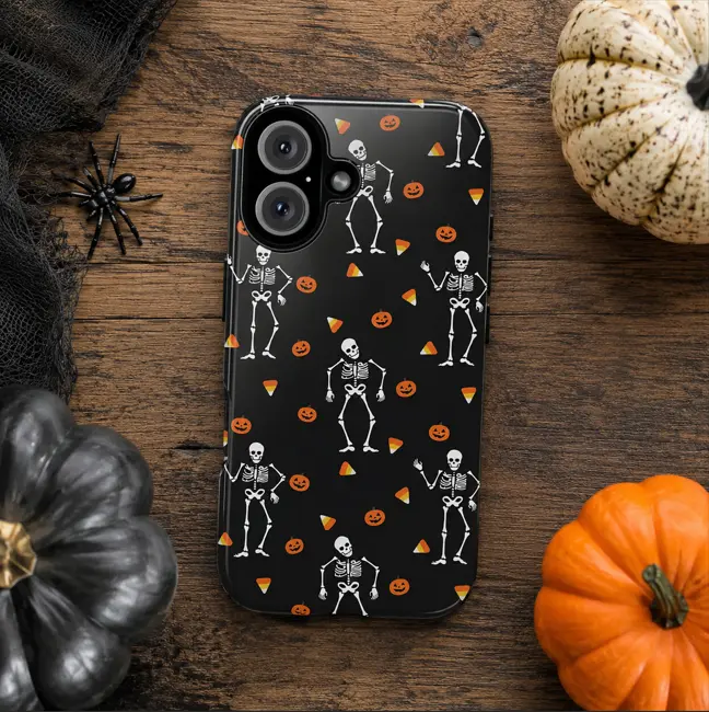 Cute Skeleton Halloween Phone Case, Candy Corn Pumpkin Pattern Phone Cover, Spooky Autumn Protective Case, Glossy Cute Halloween Phone Case, Fall Season Aesthetic Phone Cover for Women Girls