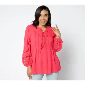 Susan Graver Petite PURE Sheer Crinkled Gauze Lace and Tassel Tunic