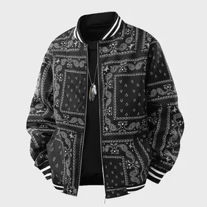 Men’s retro baseball jacket with a cashew print patch, featuring a paisley pattern and a classic black color scheme; long sleeves, zip closure, and a casual aesthetic for everyday wear.