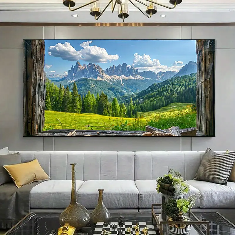 1 Framed Canvas Painting - Landscape Canvas Art - Modern Dark Green and Majestic Peaks Wall Decor for Living Room, Bedroom - Ink Print, Indoor Use, Living Room Decor |   Landscape Painting |   Vibrant Color Art, Large Canvas Wall Art Ornaments Photo