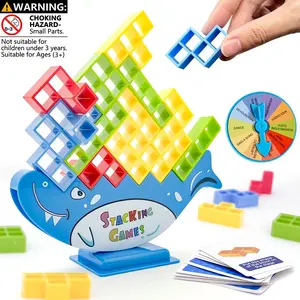 Cute Shark Balance Stacking Toy, Tetris-Shaped Blocks Activity Game for Kids, Easy & Fun Skill-Building Tower Play, Adorable Cartoon Shark Base, Hand-Eye Coordination Practice, Family Game for Boys Girls, Educational Party Gift Set