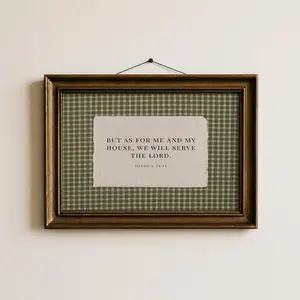 Vintage Green Gingham Christian Printable Wall Art But As For Me and My House Striped Bible Verse Rustic Christian Home Decor- [No Frame]