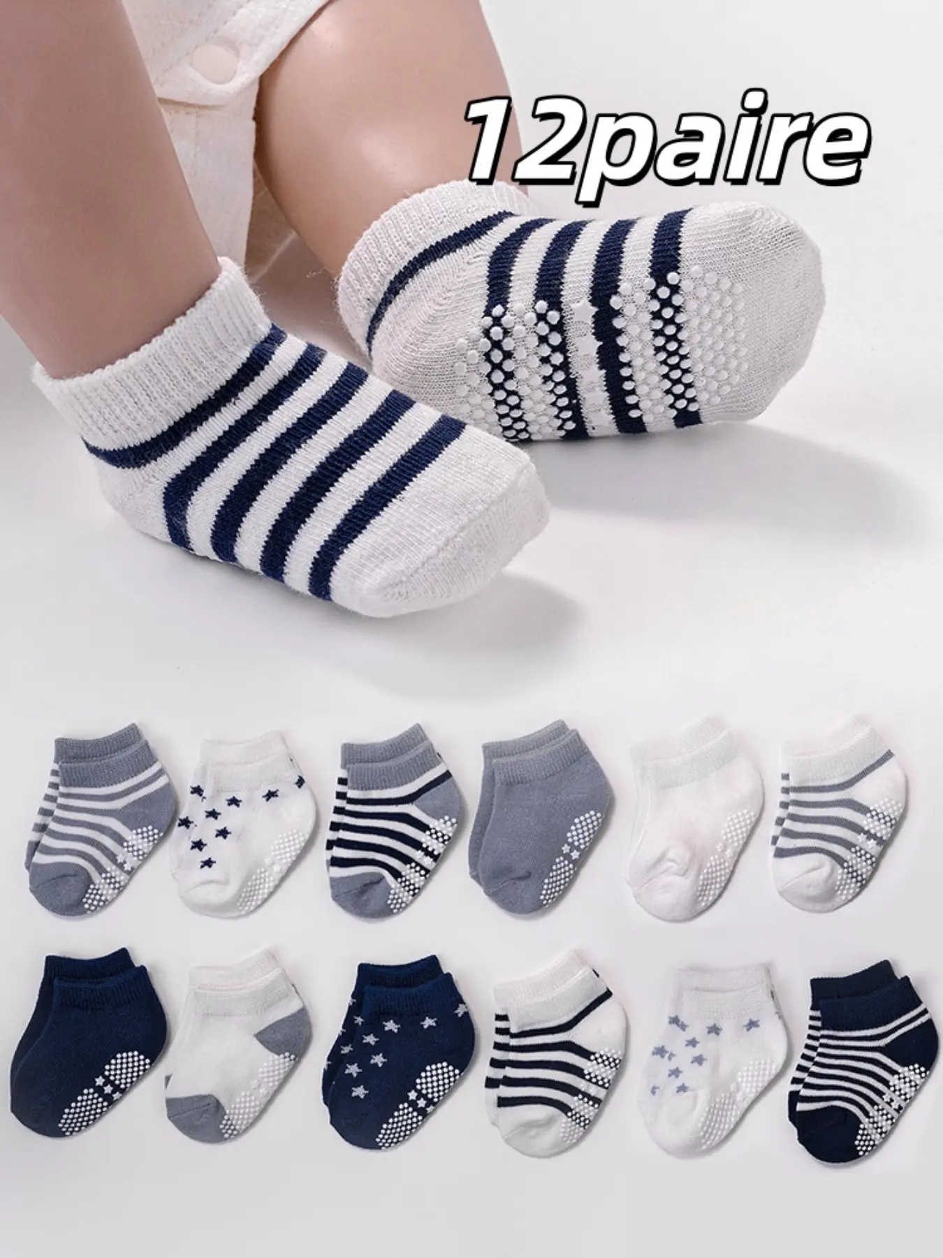 12 Pairs Kids' All-Season Soft Comfortable Breathable Navy Style Solid Striped Star Boat Socks, Fashion Versatile for Daily Wear, 0-5 Years