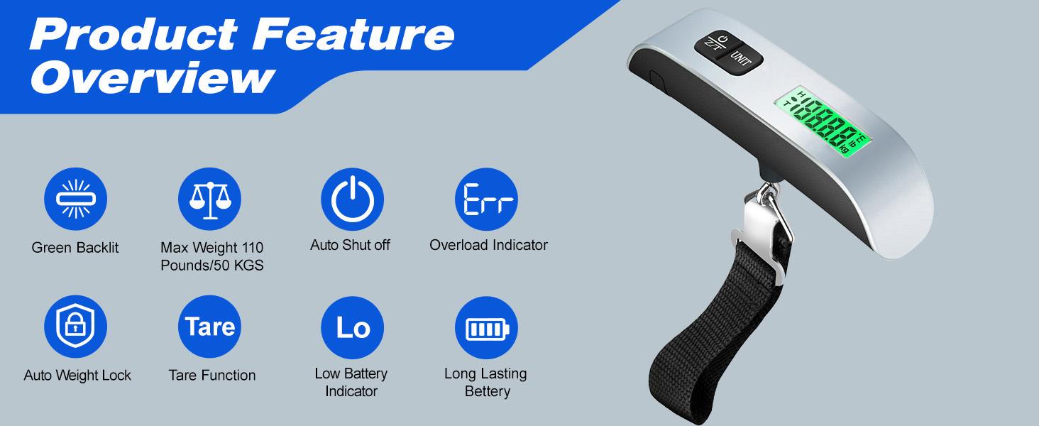 Digital Hanging Luggage Scale with Backlit for Travel, Portable Handheld Suitcase Weight Scale with Hook, 110 Pounds