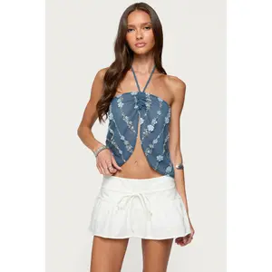 Beaded Floral Split Front Halter Top