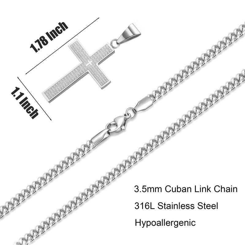 PeregrinaX 3D Bible Verses Cross Necklace for Men and Women 3.5mm Stainless Steel Unisex Cuban Chain Necklace 18-26 Inch Jewelry Gift