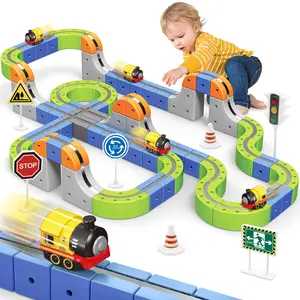 Parent-child interactive toys Magnetic Tiles Road Set, Race Track with 1 Car 101-Piece Elastic Racing Set with Steam Sign Electric Train Traffic Signs Magnetic Train Connection Toys  for 3-8 Boys Girls Birthday Gift Large Size birthday gift safe play