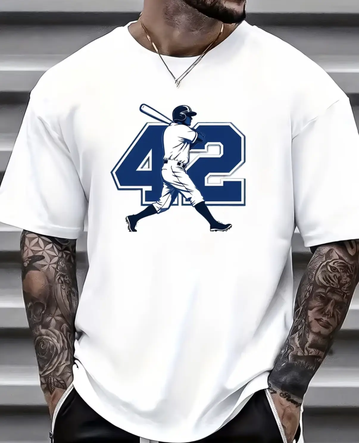 Sporty Baseball Graphic T-Shirt, Unisex 100% Cotton Round Neck Short Sleeve Tee with Number 42 Batter Silhouette for Casual Summer Streetwear, Shortsleeve, Stylish