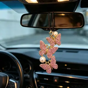 OMEXTRA Butterfly Shape Alloy Metal Vehicle Hanger - Precious Crystal Pearl Rearview Mirror Trinket, Easy-Hang Girly Car Accessories, Universal Interior Decoration, Lucky Gift for Women, Cars Accessories