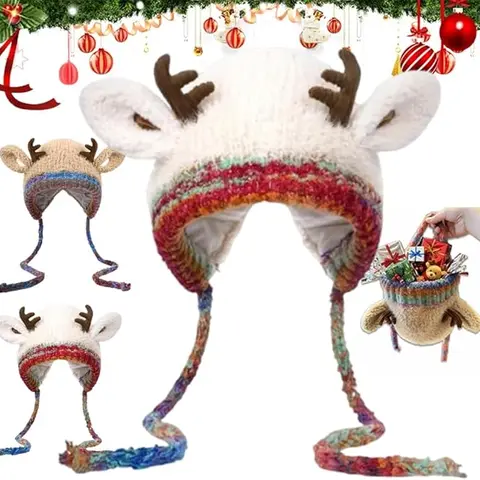 Christmas Antler Hat (It can be used as a handbag，A hat has multiple uses.)Knitted Ear Protection Windproof Warm Hat Suitable for the family It can be worn by adults and children, without limiting the circumference of the head