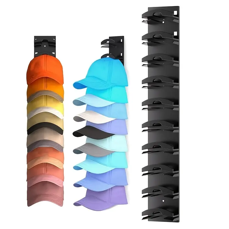 Plastic Wall Mount Hat Holder Hanger Organiser 2-Pack Black - 20-Cap Capacity, Sturdy Clips, Strong Adhesive Shelf, Adjustable Straps, Light & Portable, Convenient Hook, Easy-to-Grab, Fits Doors, Bedroom Closets
