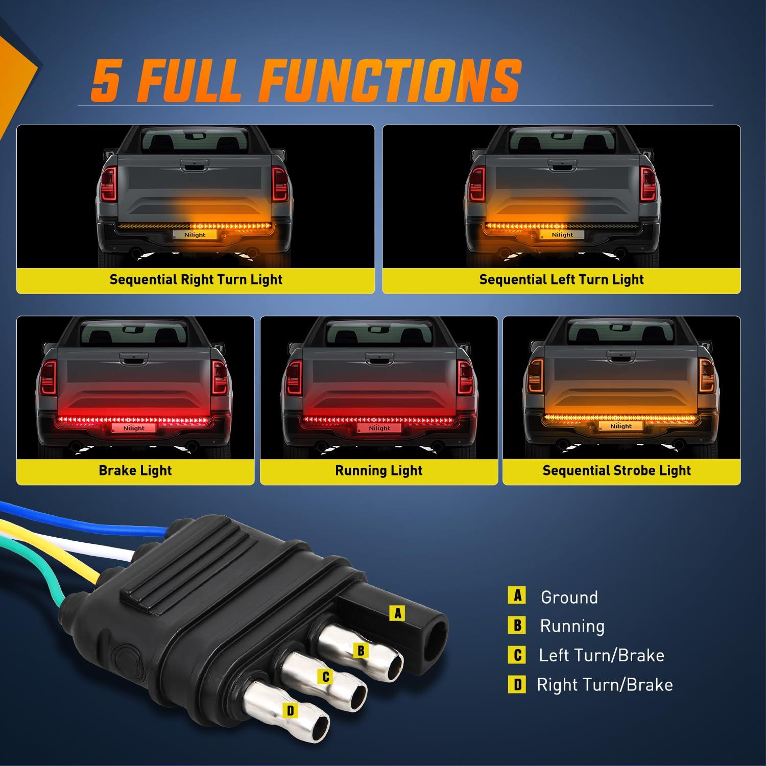 47in Truck Tailgate Light Strip Bar Arrow with Red Running Brake Lights Amber Turn Signals Strobe Lights LIGHTING Arrow LED Tailgate Running Light Kit, Bar Strip for Truck, Strobe (Flashing) Brake Flexible Switchback Red Amber Yellow Sequential, 540 LED