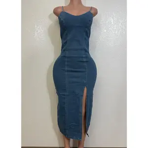 SAYLOR MID BLUE DENIM STRAPPY BODYCON MIDI DRESS