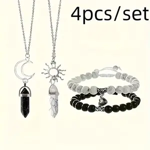 Chic Jewelry Set - Jade Necklace and Bracelet with Black and Pink Stone Inlay - Perfect Daily Accessory and Meaningful Gift for Valentines Day - Perfect for Couples Gifts