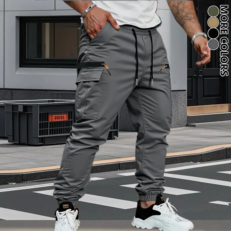 Men's Vintage Retro Woven Cargo Pants, Casual Tapered Trousers with an Adjustable Drawstring Waist and Zippered Faux Pocket, Fake Pocket With Decorative Zipper