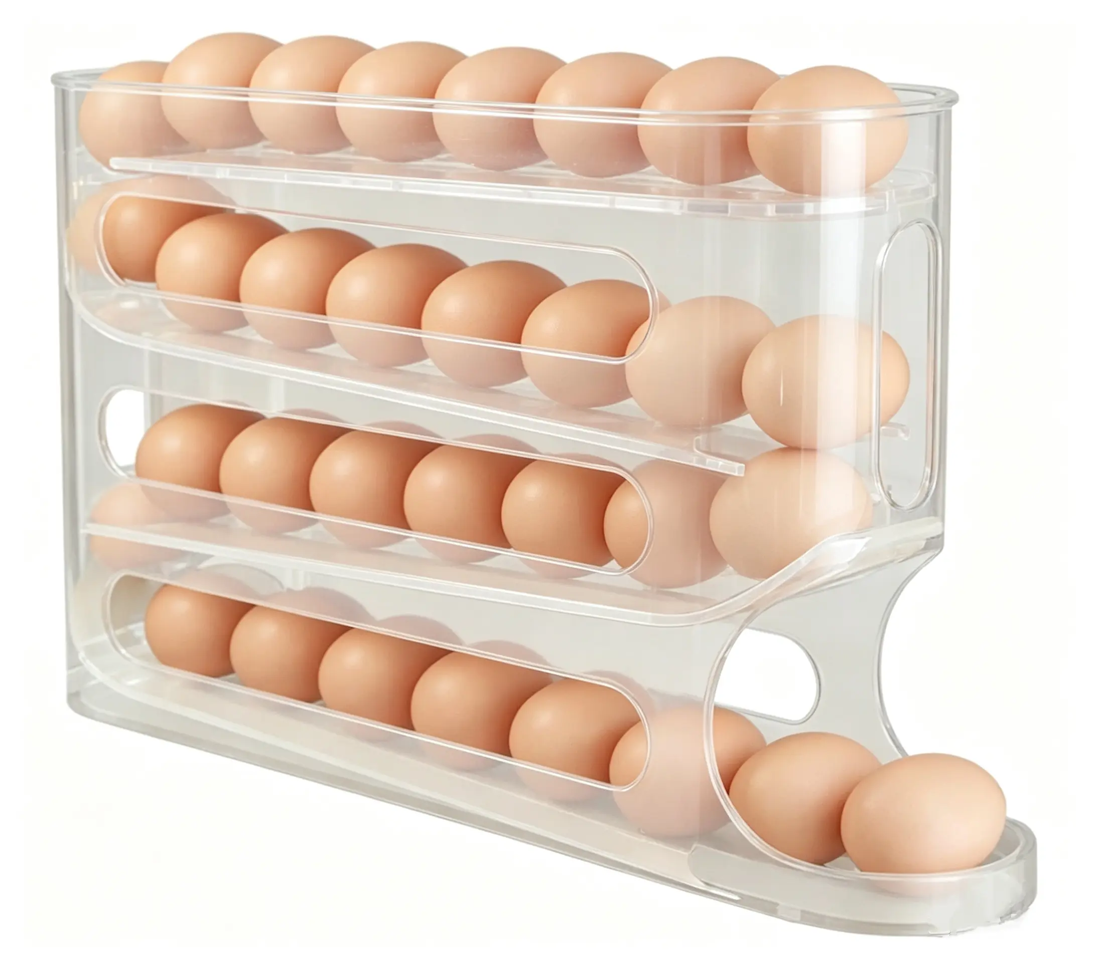 Transparent plastic auto-slide egg organizer, 4-layer rolling egg storage container, fridge and countertop dual-use egg dispenser rack