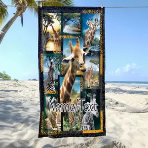 1pc Custom Name/Text Giraffe Group Printed Cozy Beach Towel - Soft, Absorbent, Lightweight, Quick-Dry Sports Towel for Beach, Travel, Gifts for Family