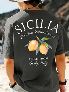 Loose Fit Casual Style Summer Sicily English Lemon Pattern Daily Outdoor Men's 100% Cotton Menswear T-Shirt