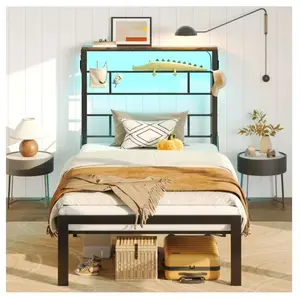 Twin Size Bed Frame with 49.2" High LED Storage Headboard Shelf, Metal Platform Bed, Black