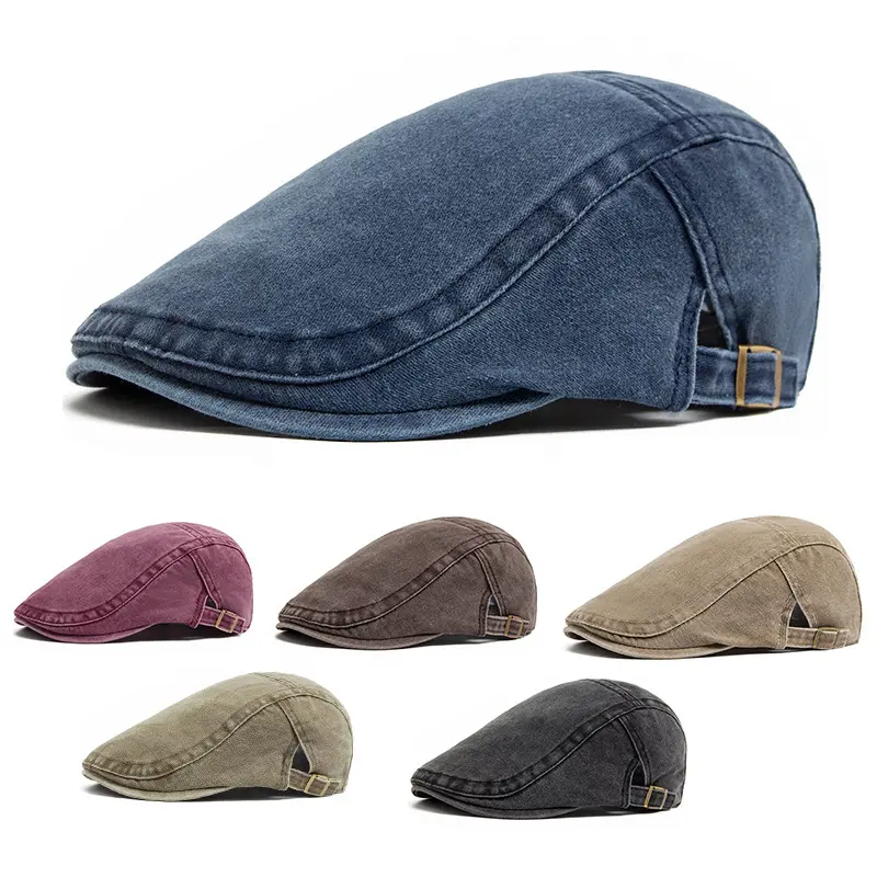 Cotton Fabric Vintage Washed Forward-Facing Beret - Adjustable Size Plain Distressed Finish Cap for Men & Women, Casual Daily Spring-Summer Style, Dome Top Hat