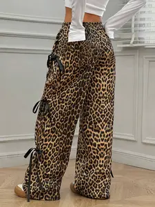 🐆 Viral TikTok Leopard Print Womenswear Lounge Pants | Cozy & Trendy Wide-Leg Trousers with Cute Black Ribbon Details | High-Waisted, Soft & Stretchy for Ultimate Comfort | Perfect for Lounging at Home or Stylish Errands | Y2K Aesthetic Must-Have!