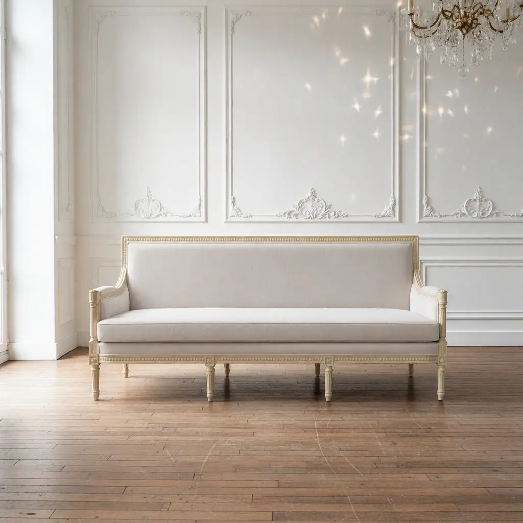 Elodie Neoclassical Indoor Sofa with Birch Wood Hand-Carved Solid Frame, Ideal for Formal Living Room