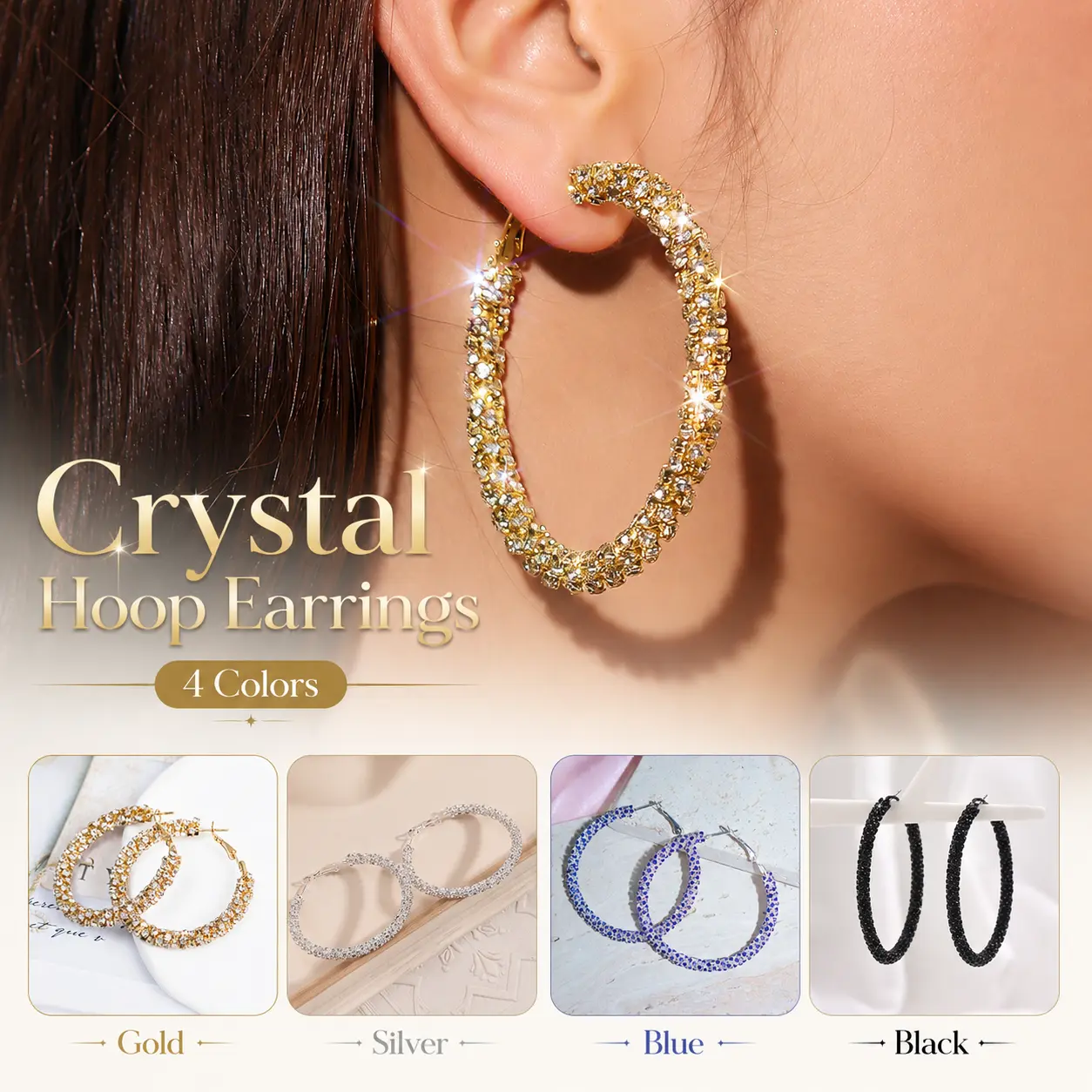 POMELO Rhinestone Hoop Earrings for Women 14K Gold Plated Cubic Zirconia Hoops | Sparkle Earrings, Lightweight Big Earrings，Trendy Jewelry，Bling Statement Chunky Hoop Earrings