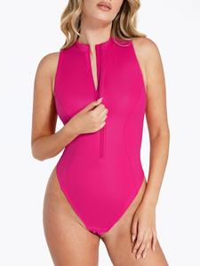 Popilush Shapewear Faux Leather Mock Neck Zip Front Sculpting Bodysuit Fit Chic-Creator Live