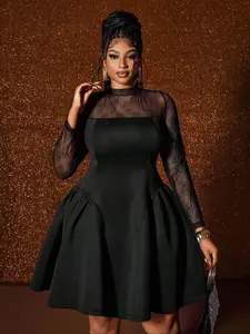 Elegant Plus Size Women's Evening Dress, Long Sleeve, Fitted Plain Knit Fabric, Casual Style for Spring & Fall, Moderate Thickening, Womenswear