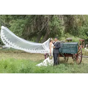 Royal Length Drop Veil with French Lace Trim & Blusher, Off White/ Ivory Lace Wedding Veil
