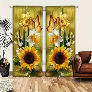 Sunflower Butterfly Floral Print Curtains Set, Fashionable Rod Pocket Window Drapes for Bedroom & Living Room, Easy Installation for Coffee Shop & Office