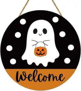 Halloween Decorations Halloween Wreath Cute Ghost Front Door Decorations Hanging Sign Welcome Sign Wooden Front Door Hanger for Wall Indoor Home Decor