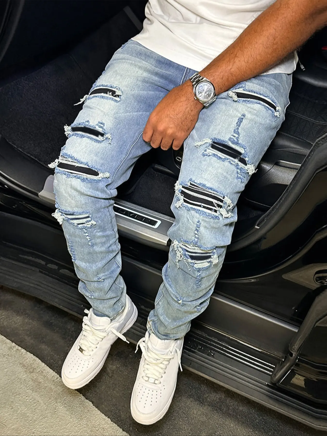 Men's Blue Stretchy Tight-Fitting Distressed Stretch Denim Jeans with Ripped Design, Vintage Washed Fabric, American Street Style, Perfect Gift for Boyfriend, Streetwear