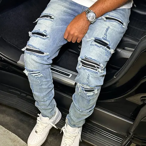 Men's Blue Stretchy Tight-Fitting Distressed Stretch Denim Jeans with Ripped Design, Vintage Washed Fabric, American Street Style, Perfect Gift for Boyfriend, Streetwear