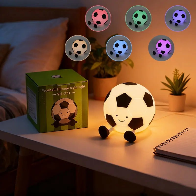 Soccer-Shaped Food-Grade Soft Silicone Night Light, 7-Color Tap-Controlled Rechargeable LED Bedside Lamp, Compact Soft Glow Portable Ambient Lighting, Birthday/Christmas Gift for Sports Fans & Children