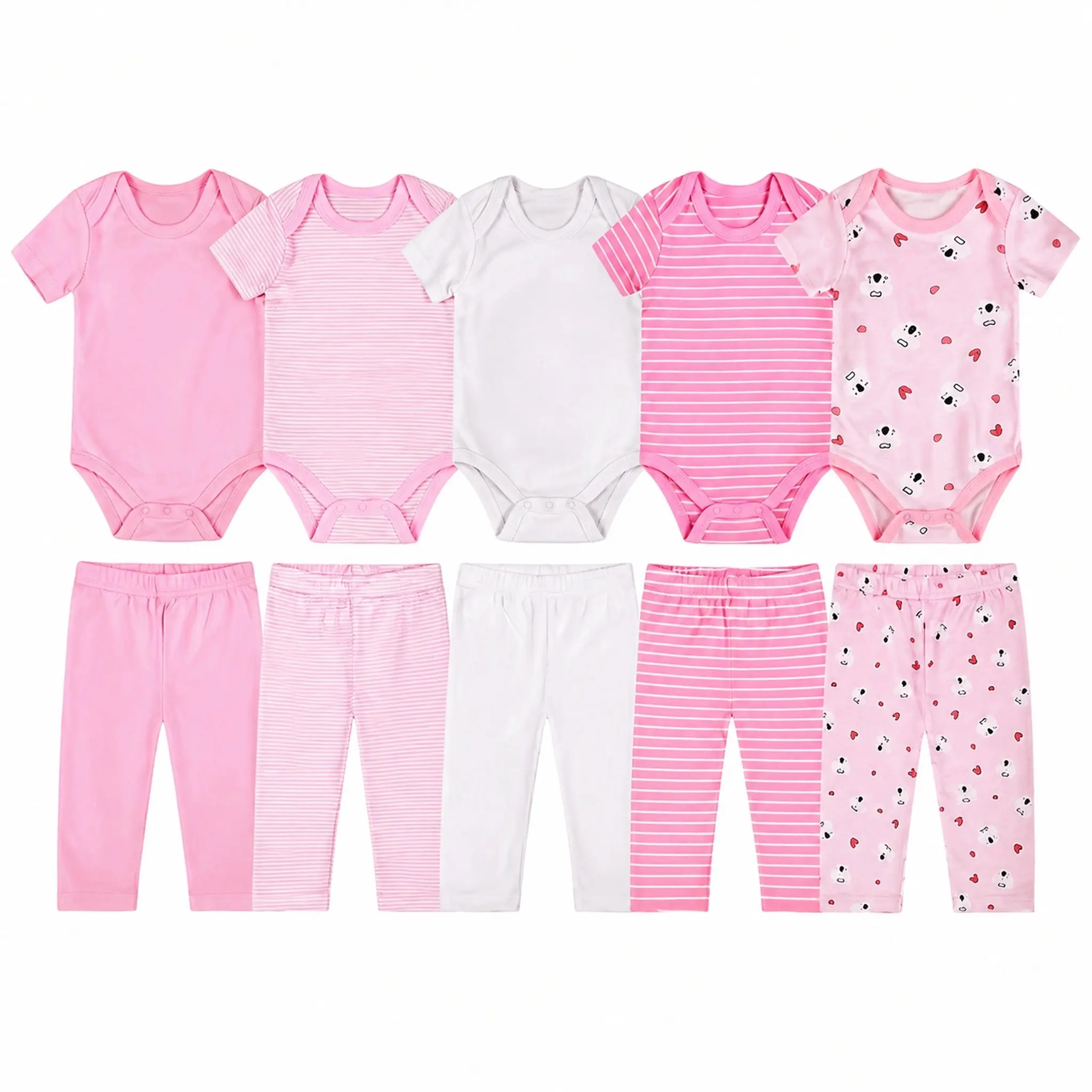 JY.COZY FOR BABY 10-Piece Baby Girl Bodysuits and Pants Set, Cute Pink Cotton Short-Sleeve Infant Toddler Clothes, Soft, Breathable & Easy Dressing, Airy Cotton Helps Baby Stay Fresh
