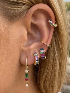 5Pcs Luxury 24K Gold Plated Cubic Zirconia Multicolor Cuffs Earrings Set For Women Colorful Zircon Hoop Earrings Pack Drop Dangle Earrings Stack Fashion Jewelry Gift