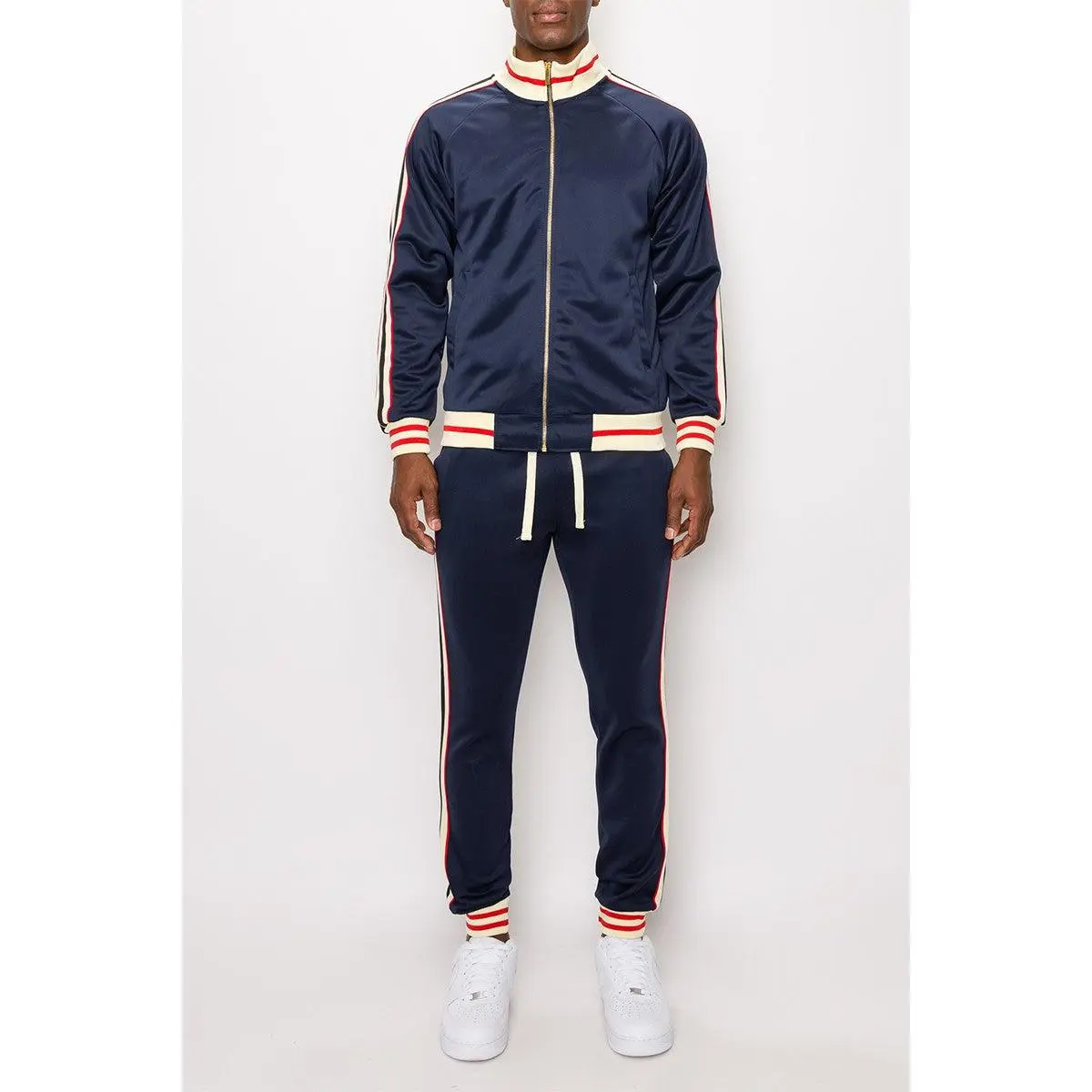 VICTORIOUS Male Plain 2-Piece Athletic Track Suit, Long Sleeve Mock Neck Jacket with Front Zipper & Contrast Stripes, Elastic Waist Pants with Adjustable Drawcord & Rear Patch Pocket, Polyester/Spandex Interlock, All Seasons