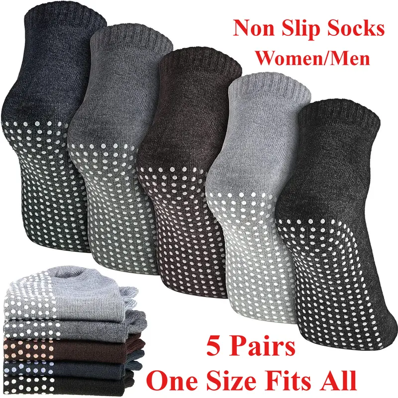 5 Pairs Men Non Slip Socks,Women Anti Skid Slipper Barre Socks with Cushion Unisex for Yoga Pilates Barre Home Workout,Outdoor Fitness Sock for Running Cycling Camping Travel,Father's Day Gift