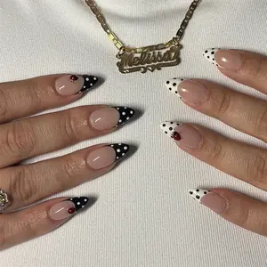 24pcs Almond Nail Art Stickers, Polka Dot French Style, Long Glossy Beetle Design, Includes Jelly Glue and File, Almond Fake Nails
