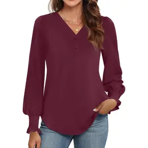 WEACZZY Womens Tops Long Sleeve Fall Shirts for Women Dressy Casual Button V Neck Tunic Blouse Ruffle Cuffs T-Shirts 2025